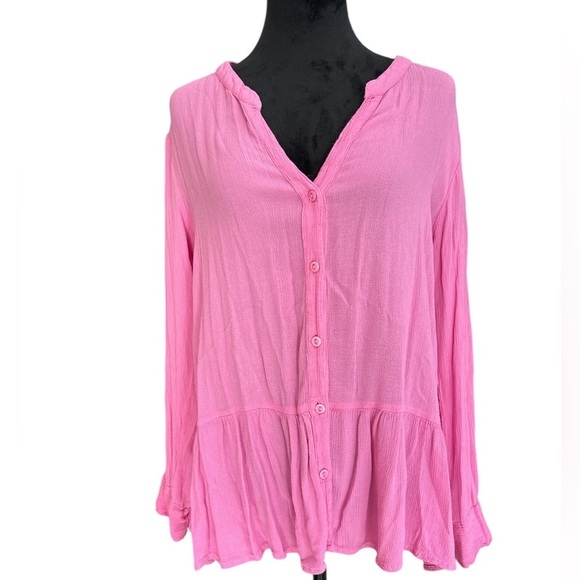 Life Style Tops - Life Style Pink Button-Down Peplum Blouse - Flowy Viscose Top, Size M